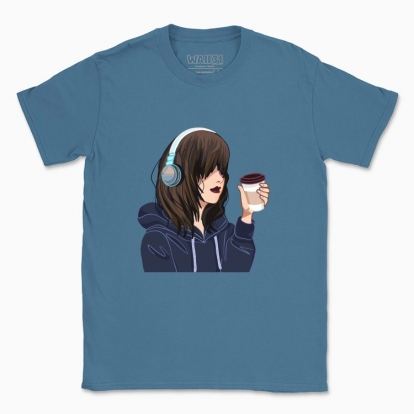Men's t-shirt "anime girl with headphones and coffee"