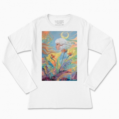 Women's long-sleeved t-shirt "Woman among the flowers and with moon in the hair"