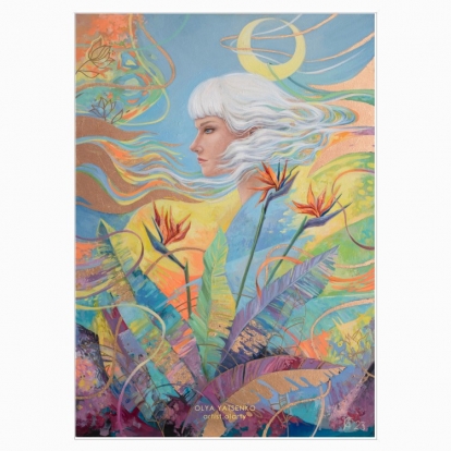 Постер "Дівчина серед квітів та місяцем у волоссі"