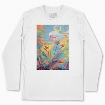 Men's long-sleeved t-shirt "Woman among the flowers and with moon in the hair"