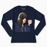 Women's long-sleeved t-shirt "anime girl with headphones and coffee"