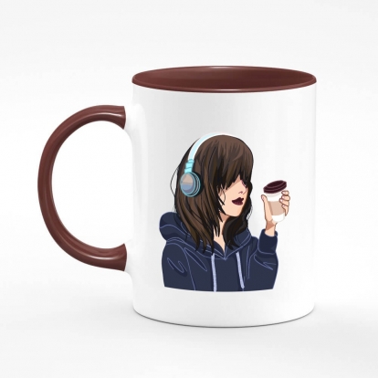 Printed mug "anime girl with headphones and coffee"