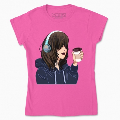 Women's t-shirt "anime girl with headphones and coffee"