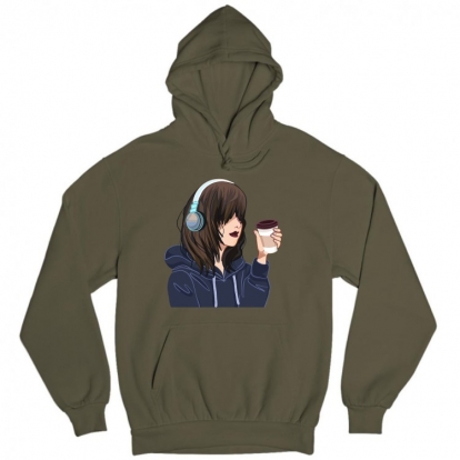 Man's hoodie "anime girl with headphones and coffee"
