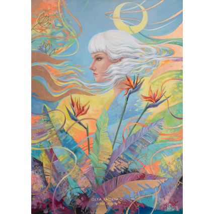 Woman among the flowers and with moon in the hair