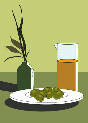 Постер "тарілка з оливками і ваза"