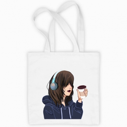Eco bag "anime girl with headphones and coffee"