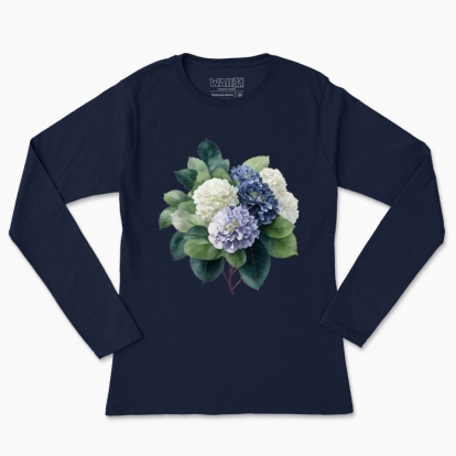 Women's long-sleeved t-shirt "Rustic bright blue hydrangea bouquet"