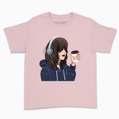 Children's t-shirt "anime girl with headphones and coffee"