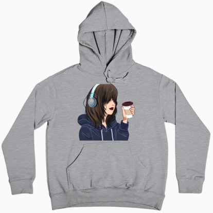 Women hoodie "anime girl with headphones and coffee"