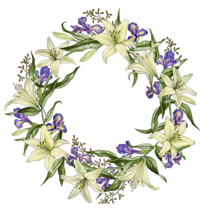A wreath of white lilies and irises