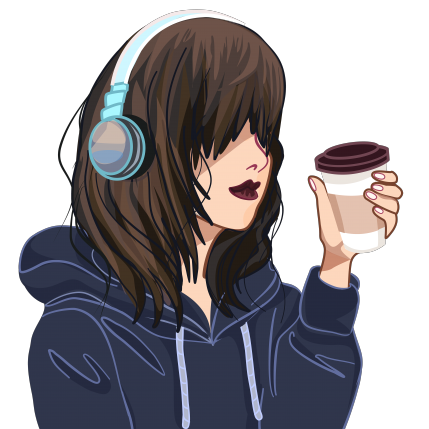 anime girl with headphones and coffee