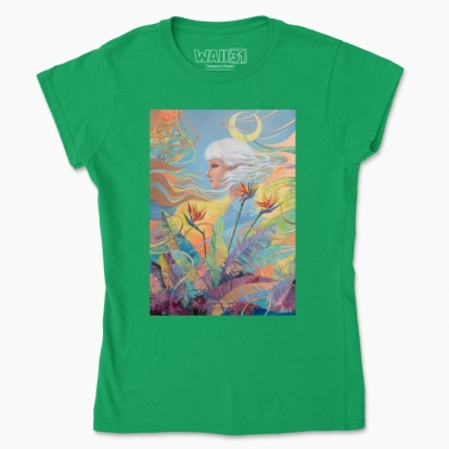 Women's t-shirt "Woman among the flowers and with moon in the hair"