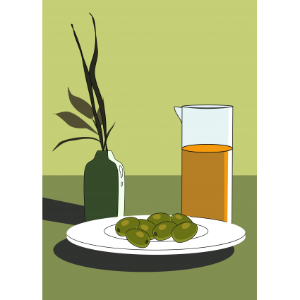 тарілка з оливками і ваза