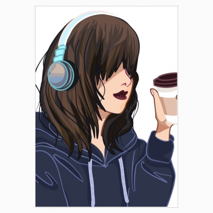 Poster "anime girl with headphones and coffee"