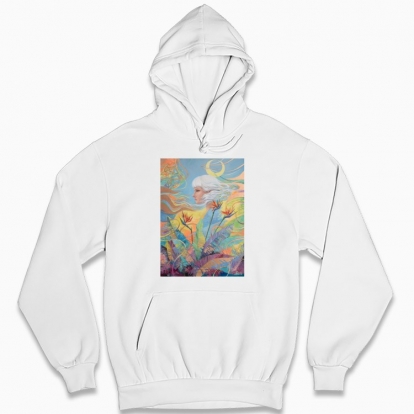 Man's hoodie "Woman among the flowers and with moon in the hair"