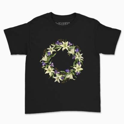 Children's t-shirt "A wreath of white lilies and irises"
