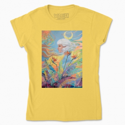 Women's t-shirt "Woman among the flowers and with moon in the hair"