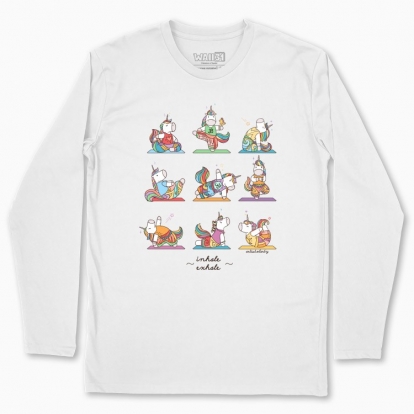 Men's long-sleeved t-shirt "Yoga poses with Unicorns. Inhale and exhale"